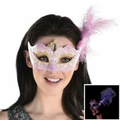 Party City 27 AMSCAN Adult Lavender & Gold Glitter Masquerade Mask With Light-Up Feathers